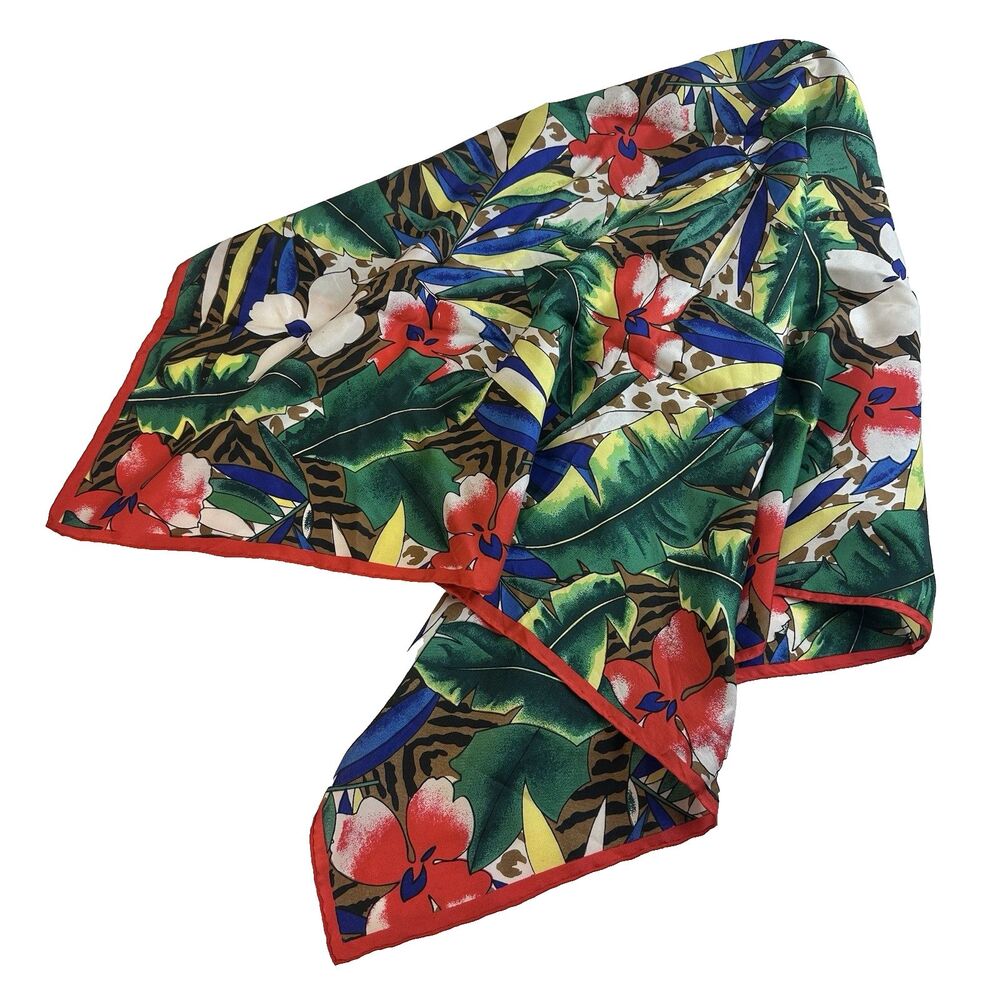 Vintage Silk Scarf Floral Bright Exotic Print Hippie Boho Tropical 33" Green Red